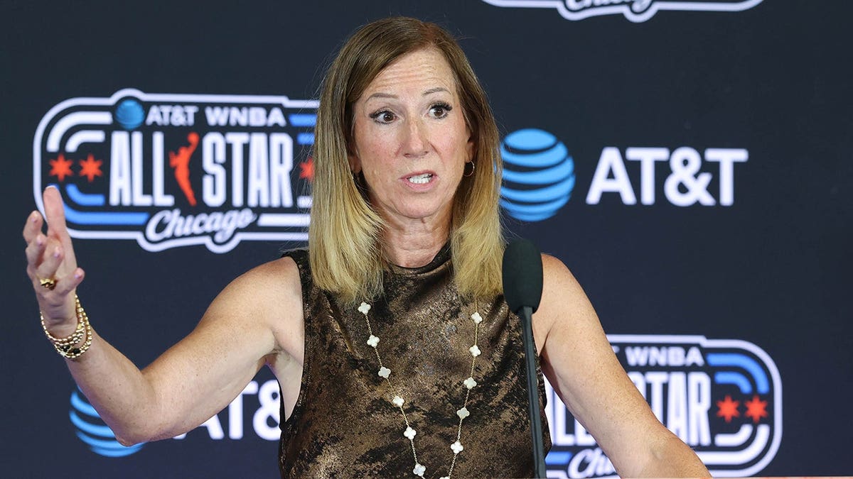 Cathy Engelbert addresses reporters before the WNBA All-Star Game.