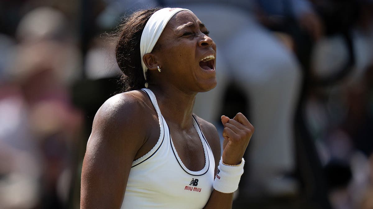 Coco Gauff reacts during her Wimbledon match against Karolina Muchova.