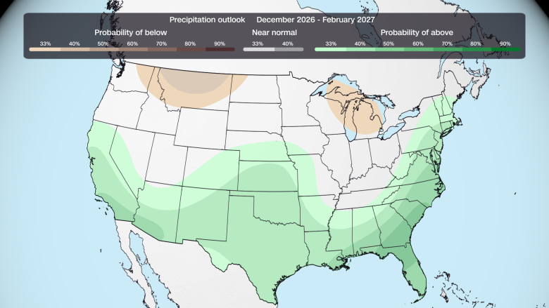 The precipitation forecast for December 2026 through February 2027 from the CPC. Greens represent wetter than normal conditions and browns represent drier than normal conditions.