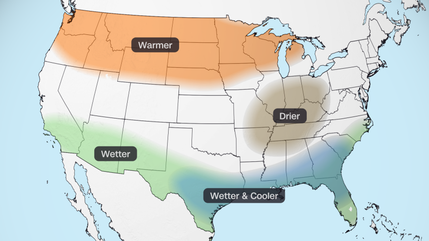 Expected weather pattern changes in a typical El Niño winter.