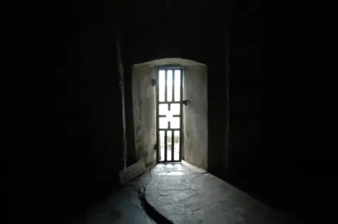 Getty Images Sunlight is seen through a narrow door opening. The door is made up of metal bars. The walls above and to either side are dark.