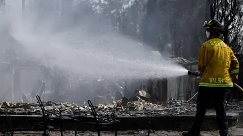Getty Images A firefighter sprays water over smoldering rubble