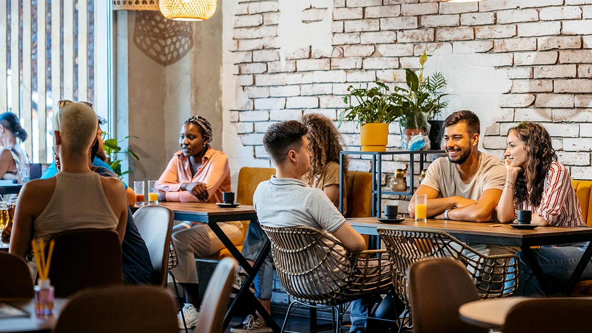 A young group of friends relaxing in a café, drinking juice and coffee.