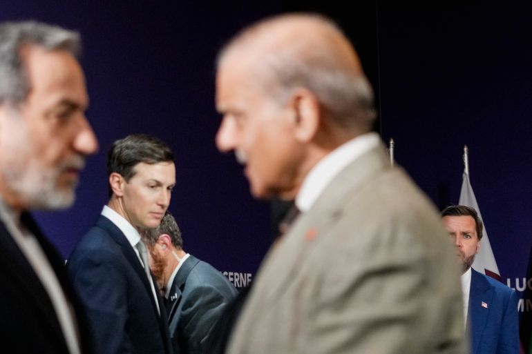 STANSSTAD, SWITZERLAND - JUNE 21: (EDITOR'S NOTE: Alternate crop) U.S. Vice President JD Vance (R) looks on next to U.S. President Donald Trump's son-in-law Jared Kushner, as Iran's Foreign Minister Abbas Araqchi (L) shakes hands with Pakistan's Prime Minister Shehbaz Sharif, before the start of a quadrilateral meeting between the U.S., Iran, Pakistan, and Qatar at the Lake Lucerne Summit, aimed at advancing a deal to end the Middle East conflict at the Buergenstock Resort, Lake Lucerne on June 21, 2026 near Stansstad, Switzerland. Vance is visiting Switzerland for negotiations with Iran to end the war and open the Strait of Hormuz that have been delayed by Israeli strikes in Lebanon. (Photo by Nathan Howard-Pool/Getty Images)
