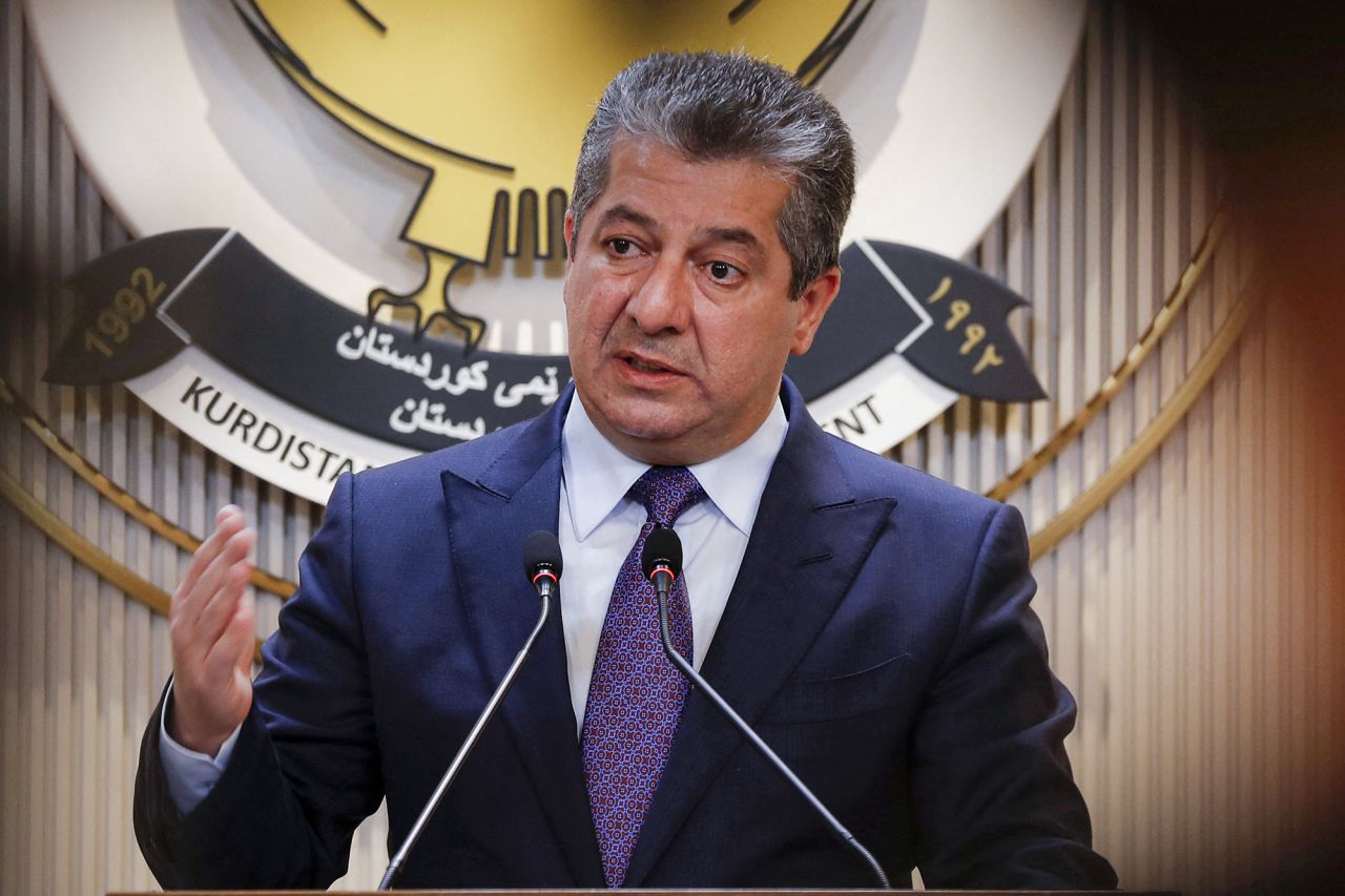 Masrour Barzani, Prime Minister of the Iraqi Kurdistan Regional Government, gives a press conference in the autonomous region's capital Arbil on June 25, 2025.