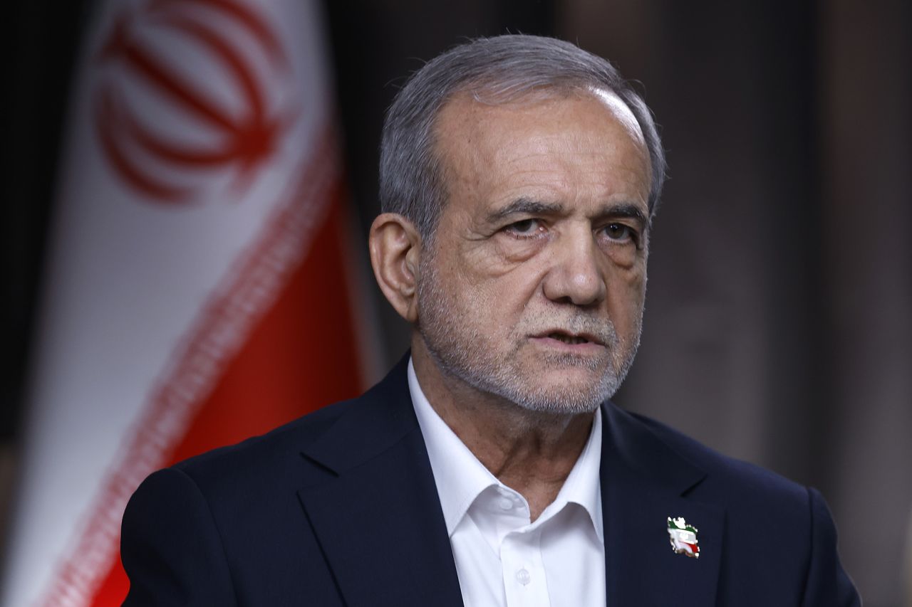 Iran's President Masoud Pezeshkian speaks during an interview with with Fox News in New York on September 25, 2025.