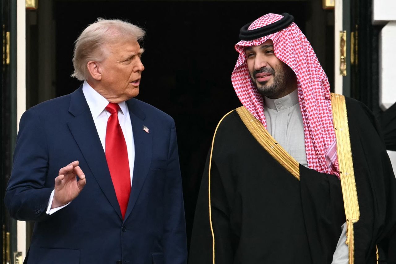 US President Donald Trump greets Crown Prince and Prime Minister of the Kingdom of Saudi Arabia Mohammed bin Salman at the White House in Washington, DC on November 18, 2025.
