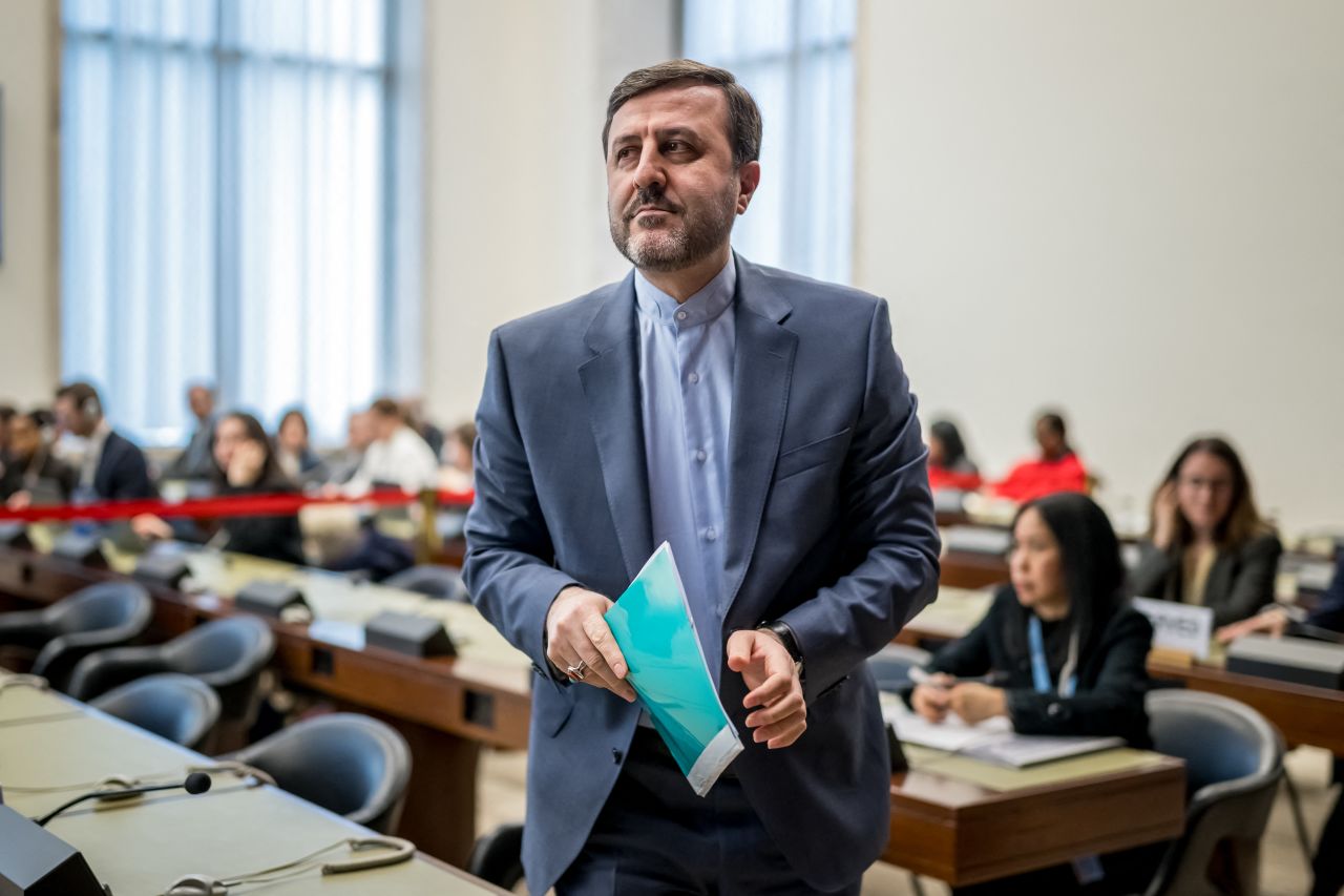 Iran's Deputy Foreign Minister Kazem Gharibabadi stands to speak at the United Nations Conference on Disarmament in Geneva on February 23.
