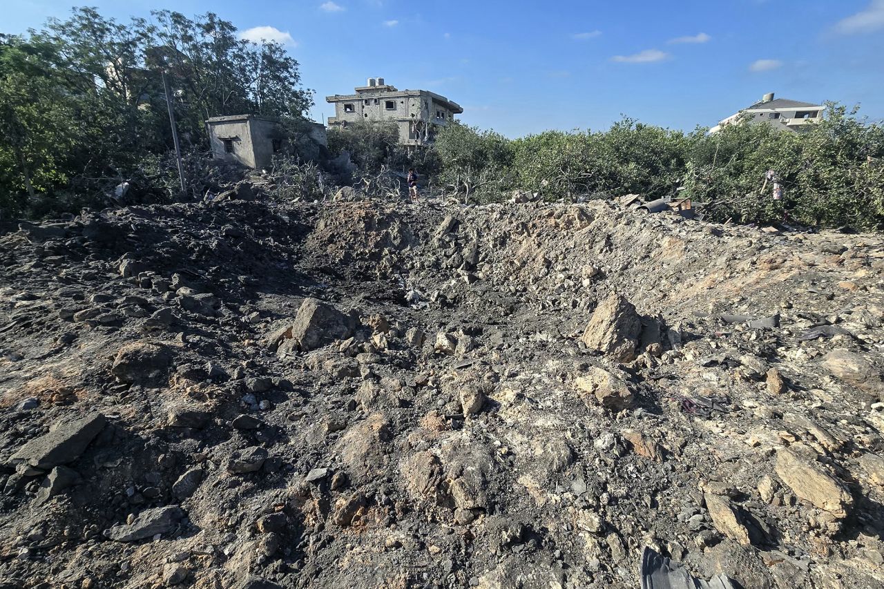 A crater left by an overnight Israeli airstrike that targeted a house in the area of Burj al-Shamali, near Tyre, Lebanon, on Thursday.