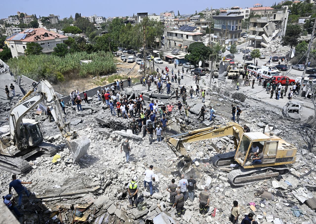 A view of destruction after an Israeli airstrike on Deir ez-Zahrani in Lebanon, where 11 people were killed, on Saturday.