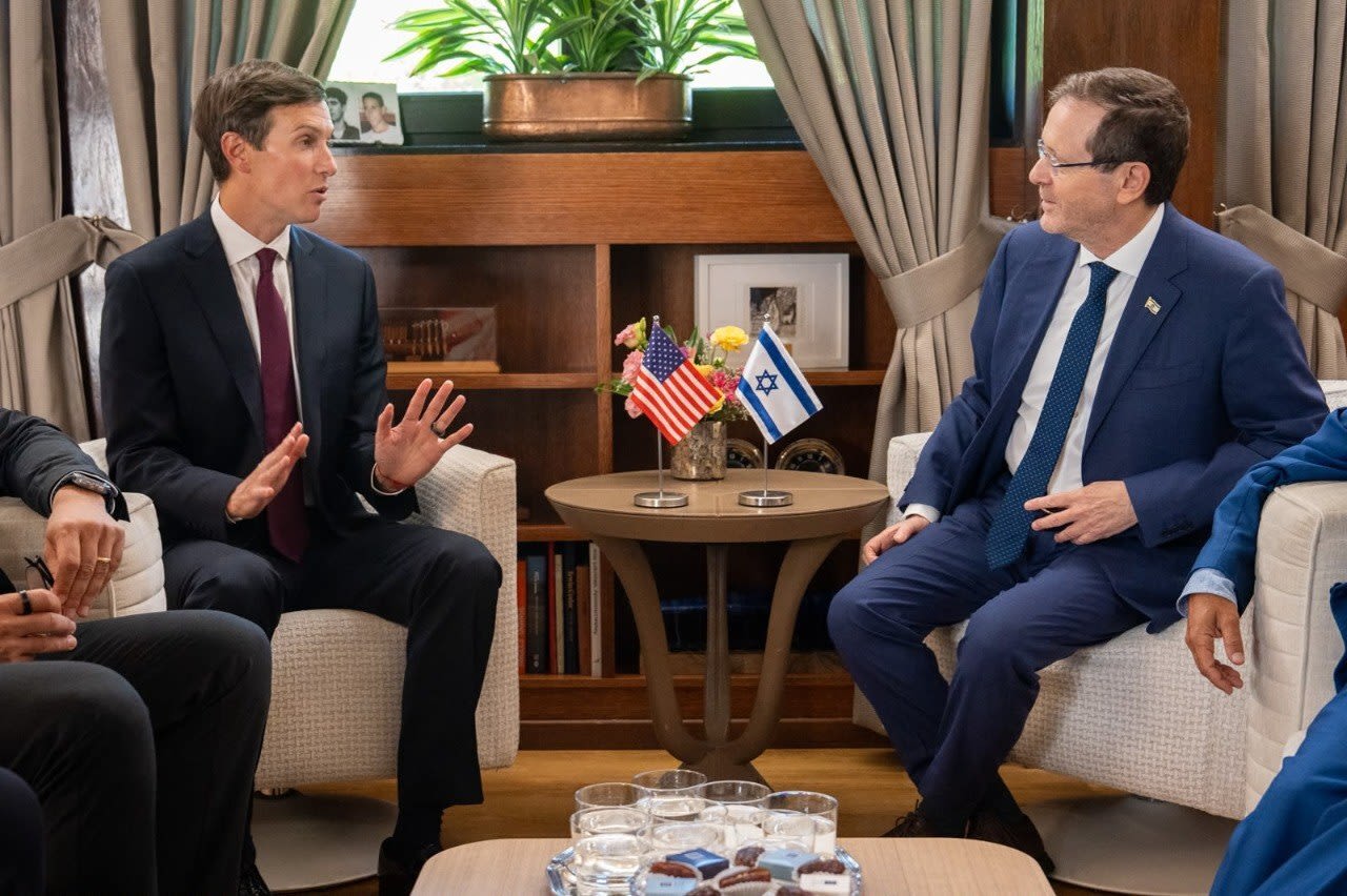 Jared Kushner, left, meets with Israeli President Isaac Herzog in Jerusalem on Monday.