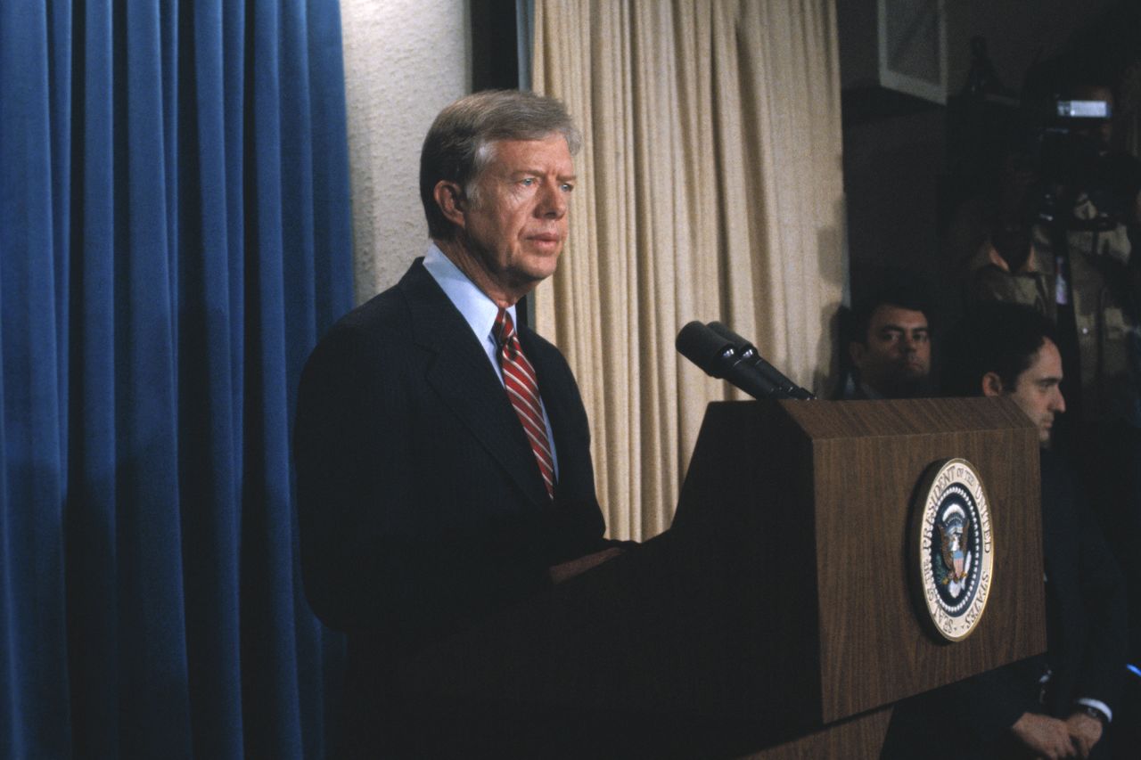 President Carter announces that he has broken diplomatic relations with the government of Iran because of the "illegal and outrageous holding" of 50 US hostages in Tehran, at the White House in Washington D.C., April 7, 1980.
