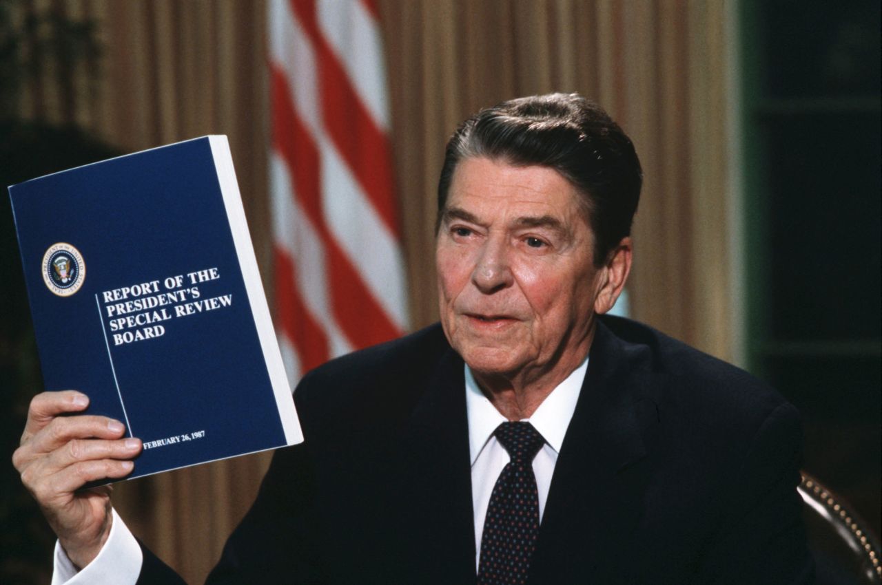 US President Ronald Reagan is here giving the Iran Contra speech in the Oval Office at the White House in 1987.