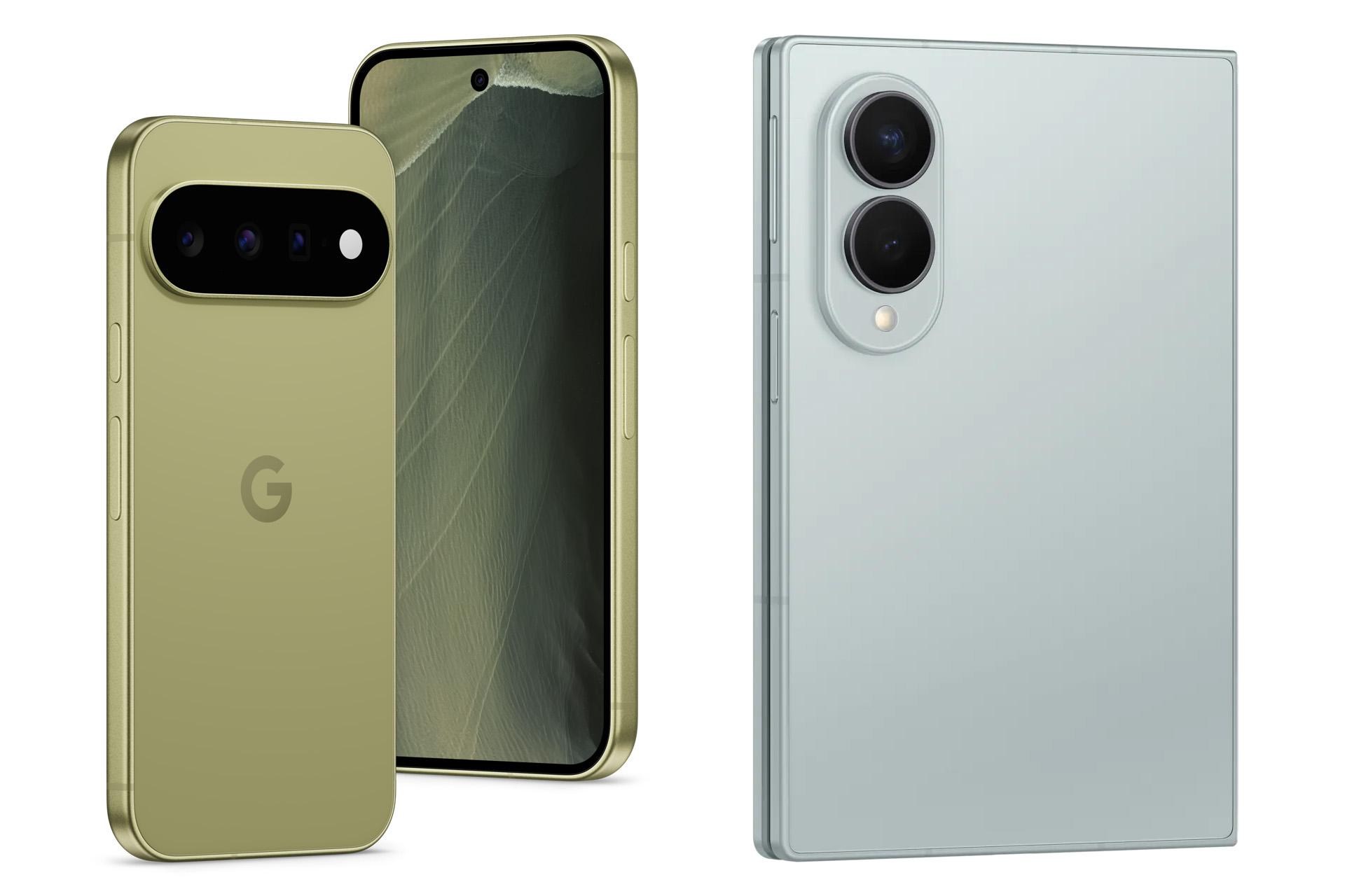 Google Pixel 11 next to Samsung Galaxy Z Fold 8, both in Pistachio