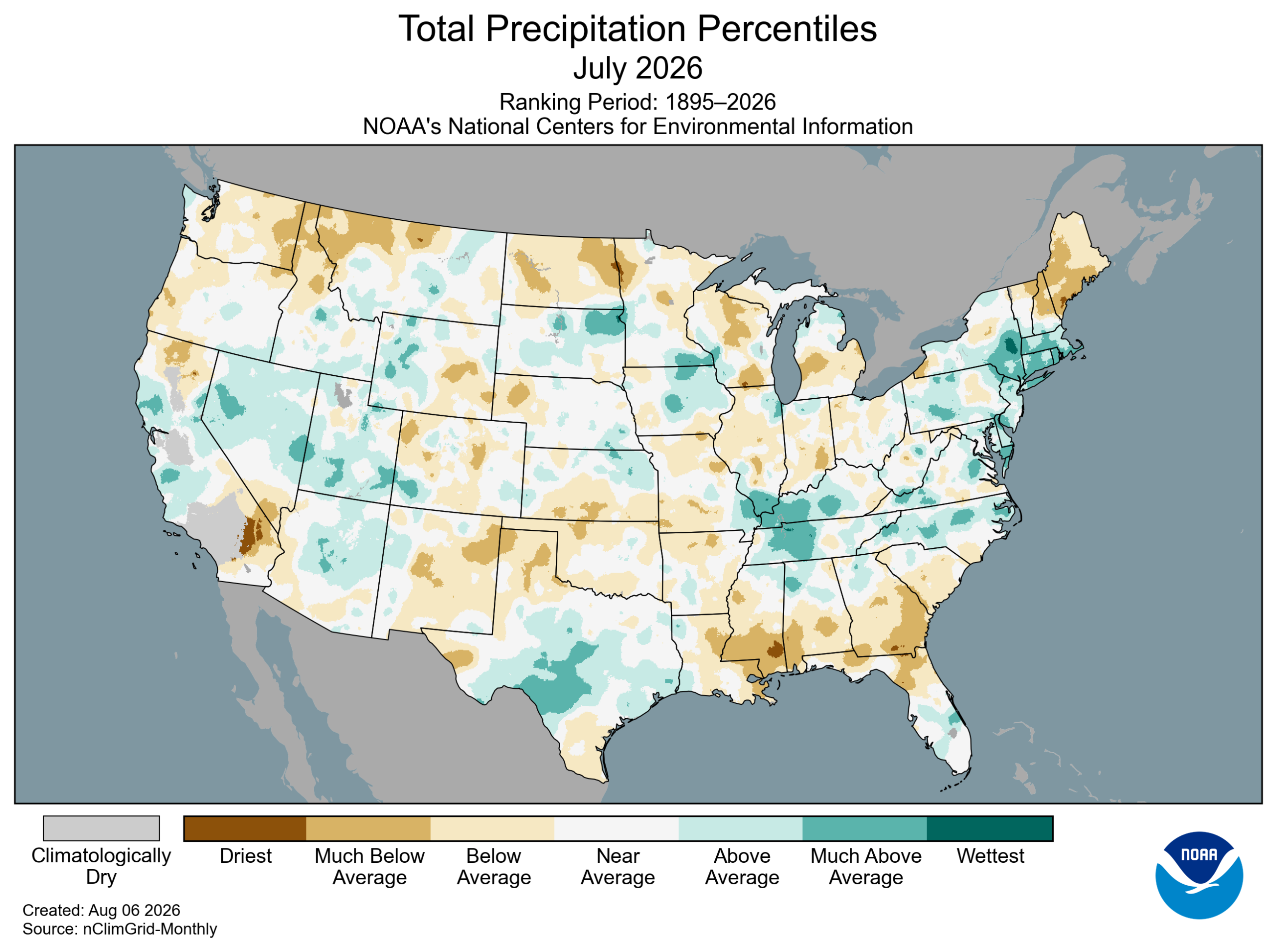 Map of the U.S. showing precipitation percentiles for July 2026 with wetter areas in gradients of green and drier areas in gradients of brown.