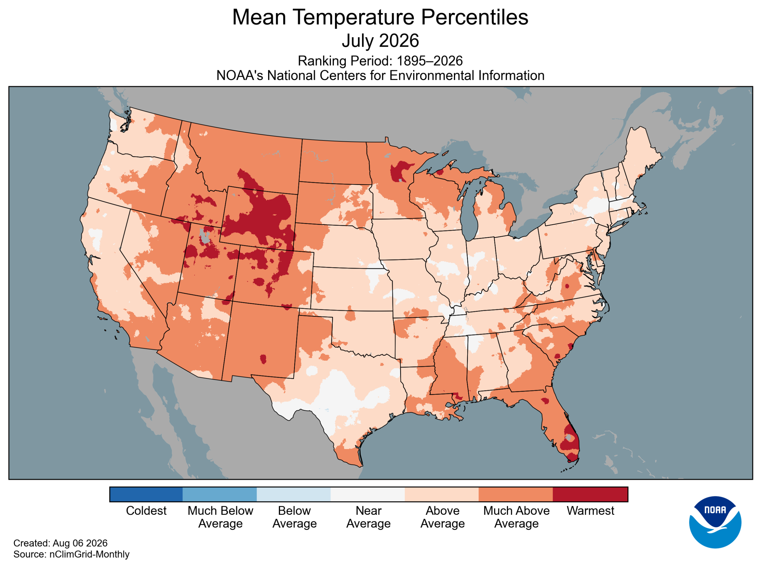 Map of the U.S. showing temperature percentiles for July 2026 with warmer areas in gradients of red and cooler areas in gradients of blue.