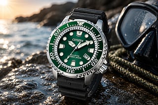 A rugged Citizen Eco drive watch shines against a dramatic seaside backdrop.