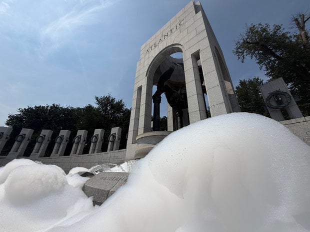Bubbles in the water of the fountains at the World War II Memorial in Washington, D.C., on Thursday, Aug. 13, 2026.
