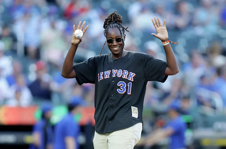 Former WNBA player Tina Charles throws the ceremonial first pitch of a game between the New York Mets and the Chicago Cubs at Citi Field on June 24, 2026 in New York City. (Jim McIsaac/Getty Images)