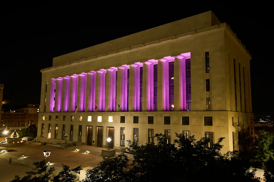 The Nashville Metropolitan Courthouse is lit in pink to honor Dolly Parton, Tuesday, Aug. 25, 2026, in Nashville, Tenn. (AP Photo/George Walker IV)