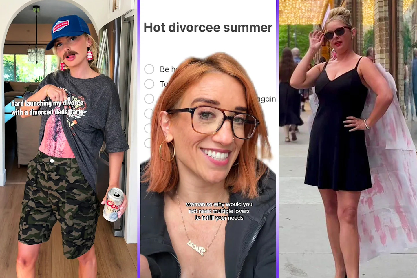 Three-panel collage featuring women embracing the ‘hot divorcee summer’ trend: one dressed for a humorous ‘divorced dads’ party, another smiling in front of a checklist titled ‘Hot divorcee summer,’ and a third posing on a city sidewalk in a black dress and veil