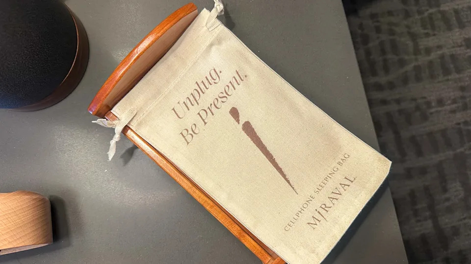 "Unplug. Be Present" sleeping bag for cell phones at a device-mindful resort in Massachusetts