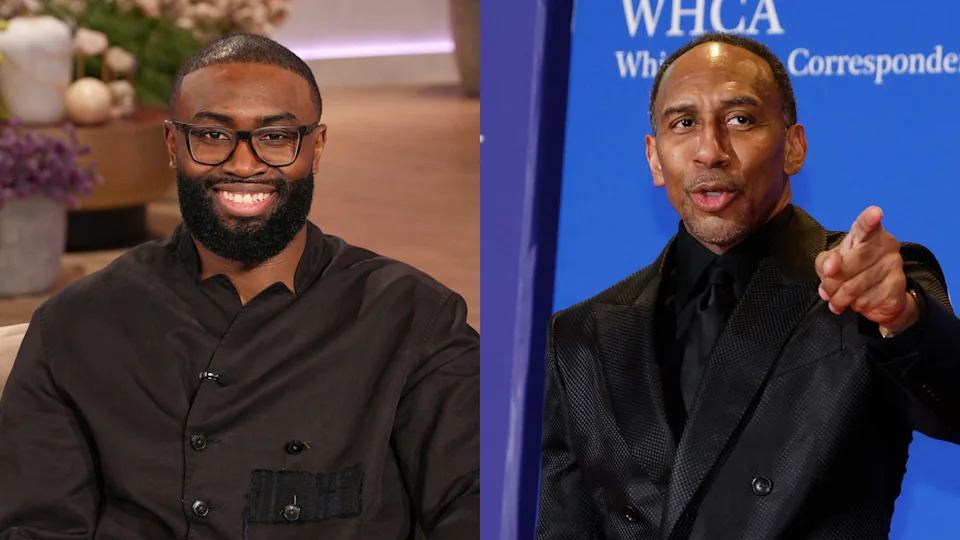 Jaylen Brown smiling in a dark outfit on the left; Stephen A. Smith pointing in a suit on the right.