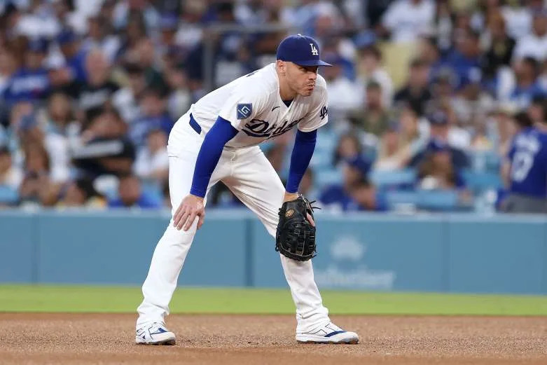 LOS ANGELES, CALIFORNIA - AUGUST 11: Freddie Freeman #5 of the Los Angeles Dodgers in action against the Kansas City Royals at Dodger Stadium on August 11, 2026 in Los Angeles, California. (Photo by Luke Hales/Getty Images)