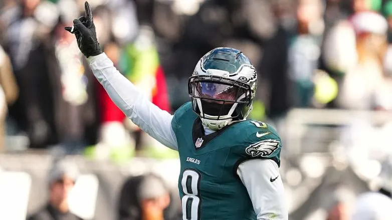 Adoree' Jackson #8 of the Philadelphia Eagles reacts after a play against the Las Vegas Raiders.