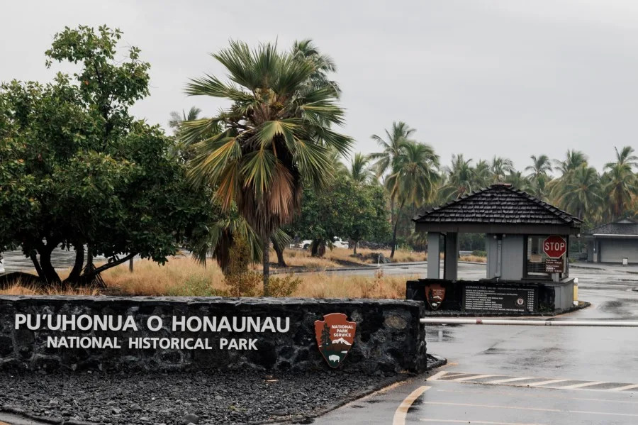 The entrance to Pu'uhonua O Honaunau National Historical Park, temporarily closed due to Hurricane Lala, is seen in Honaunau-Napoopoo, Hawaii, Saturday, Aug. 15, 2026. The storm has strengthened into a hurricane as it approached Hawaii but is not expected to make landfall, despite bringing heavy rain and wind to the island of Hawaii, commonly known as the Big Island. (Photo by Stephen Lam/San Francisco Chronicle via Getty Images)