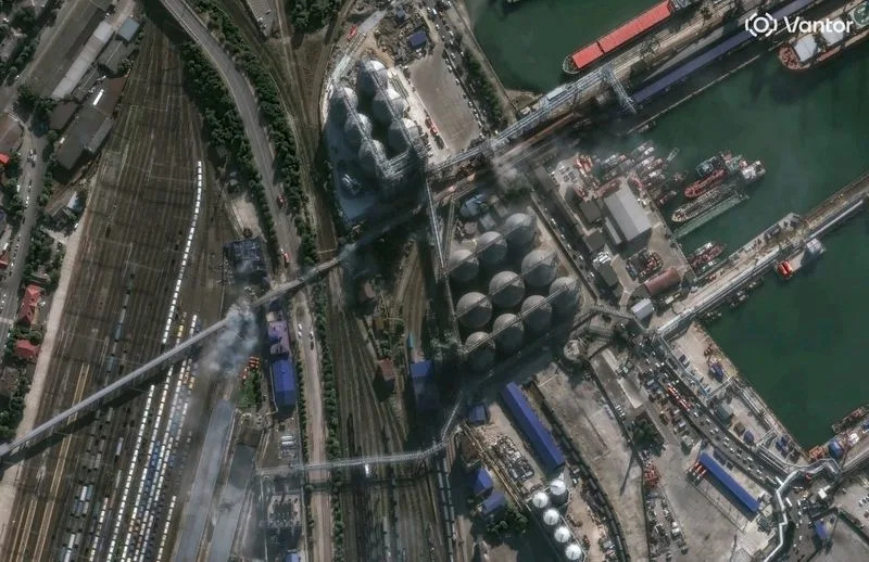A satellite image shows damage to a grain conveyor, following a Ukrainian drone and missile attack in the course of the Russia-Ukraine conflict, in Novorossiysk