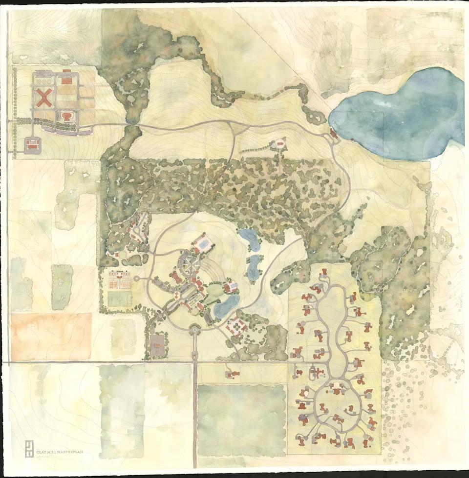 A conceptual drawing of the proposed Clay Hill project. It will include a resort building, a chapel, an equestrian center and no more than 50 single-family homes.