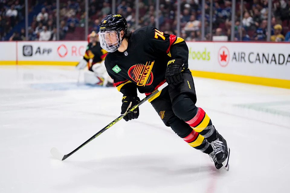 Mar 21, 2023; Vancouver, British Columbia, CAN; Vancouver Canucks defenseman Ethan Bear (74) skates against the Vegas Golden Knights in the third period at Rogers Arena. Mandatory Credit: Bob Frid-USA TODAY Sports