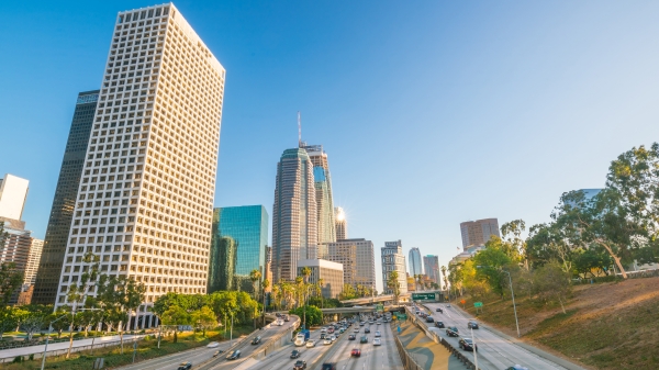 Downtown Los Angeles skyline with blue sky