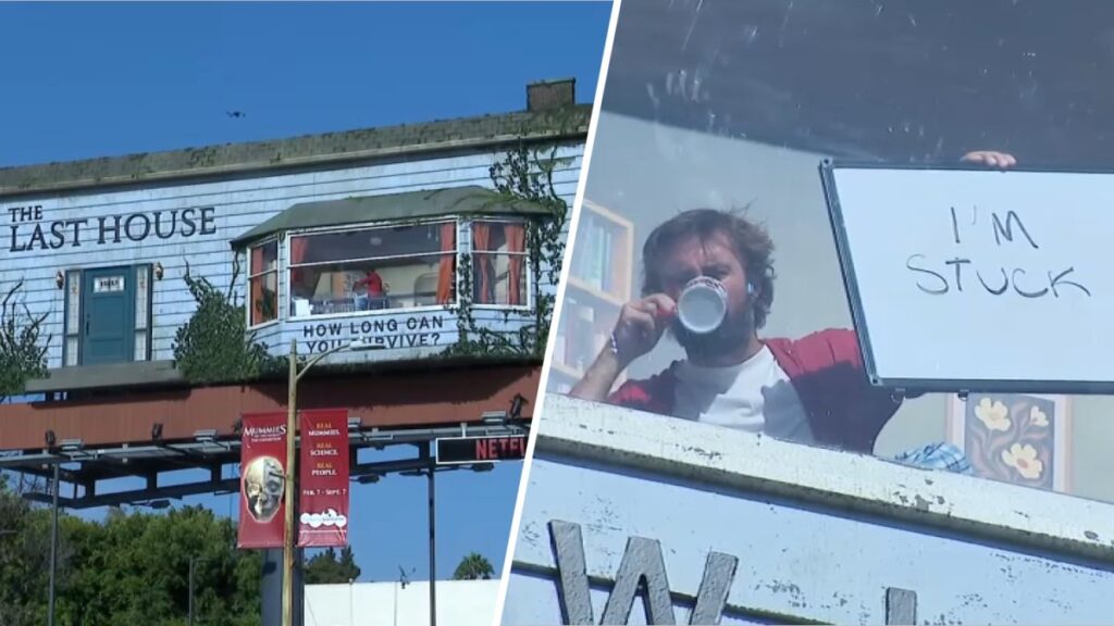 Man living in billboard on West Hollywood’s Sunset Blvd. to promote Netflix film Man living in billboard on West Hollywood's Sunset Blvd. to promote Netflix film