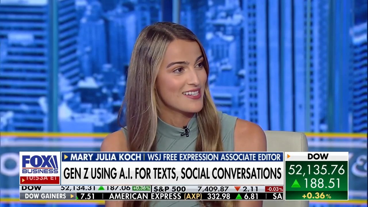 'Varney & Co.' host Stuart Varney and WSJ Free Expression associate editor Mary Julia Koch discuss how Gen Z relies on AI to draft text messages, dating app profiles, and even social conversation talking points.