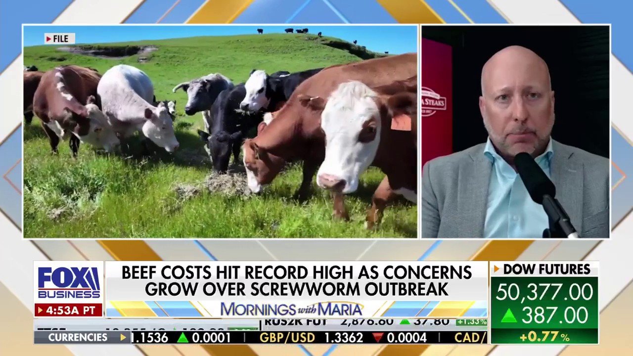 Nate Rempe, Omaha Steaks President and CEO, explains that soaring beef prices, up 13%, are due to a 72-year low in domestic cattle herds. He predicts meaningful herd building and price recovery won't happen until 2028 or 2029.