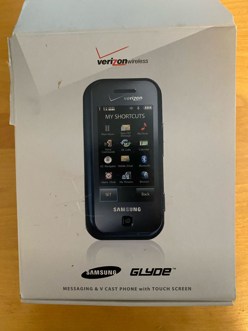 The Samsung Glyde was the first cellphone I used. I was drawn to its touch screen and slide-out keyboard.