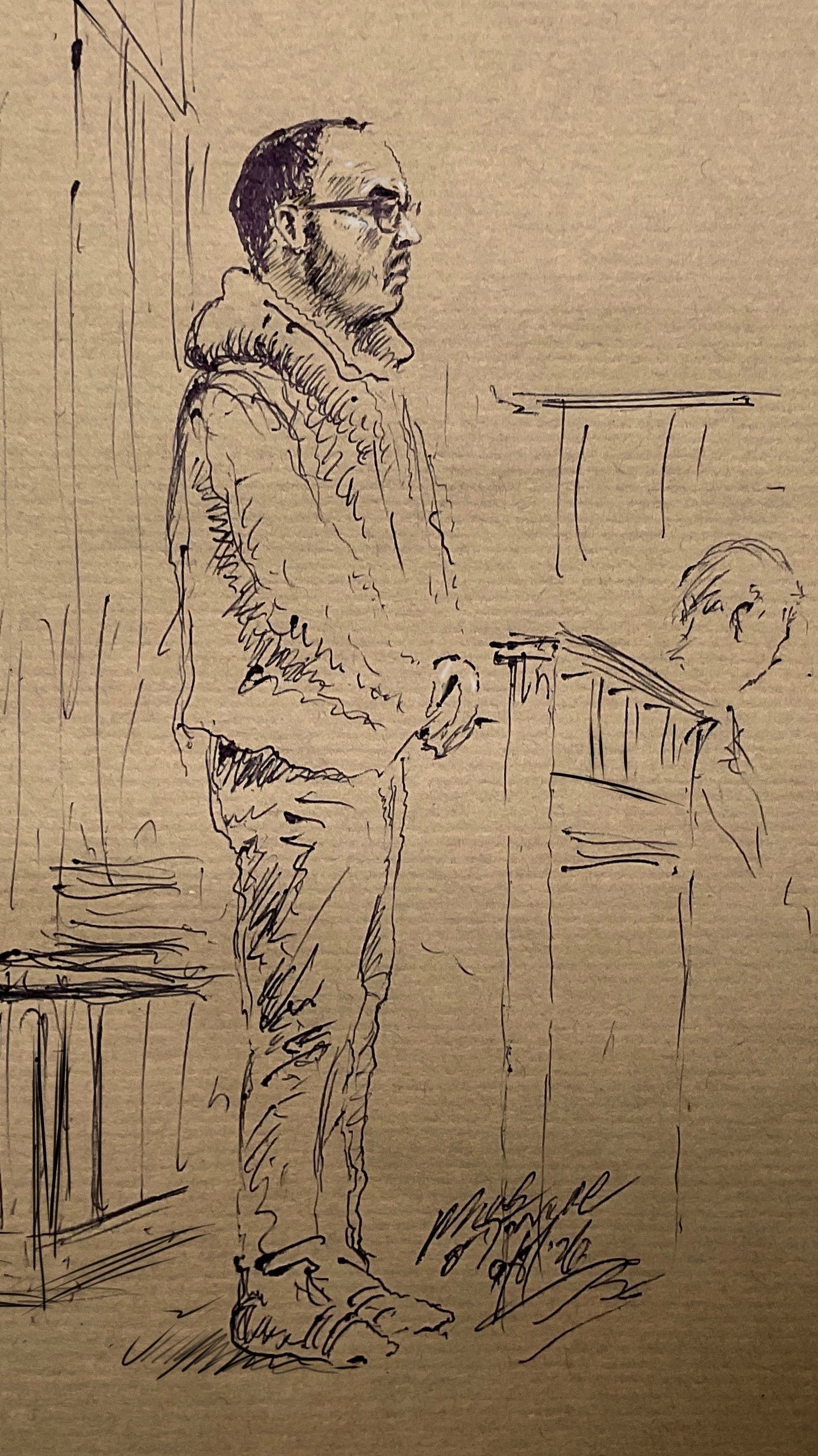 Court drawings of alleged Irish crime gang boss Daniel Kinahan. From Mike - He was polite to the judges who would eventually decide his fate, stood about 5’7” and wore a cotton non-describe tracksuit, wore socks in flip flops.
