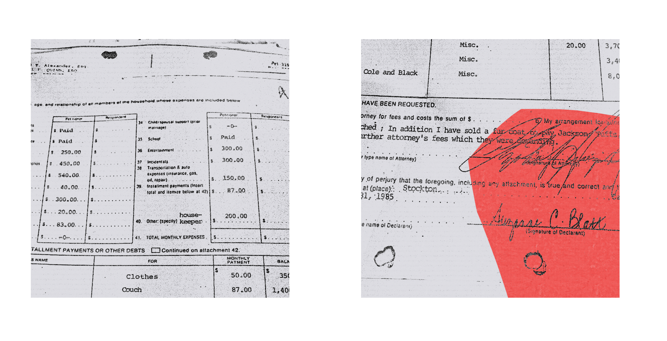 Segments of legal documents from the Blatt divorce chronicling the sale of Suzanne's fur coat