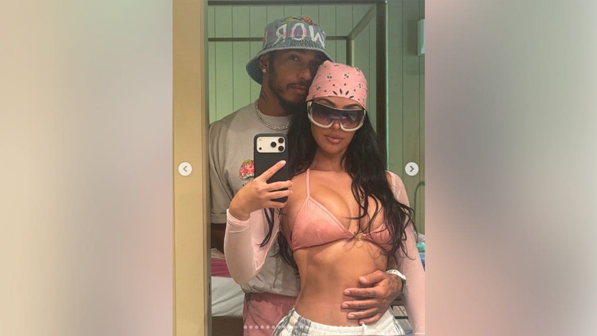 A mirror selfie of Kim Kardashian and Lewis Hamilton while on vacation.