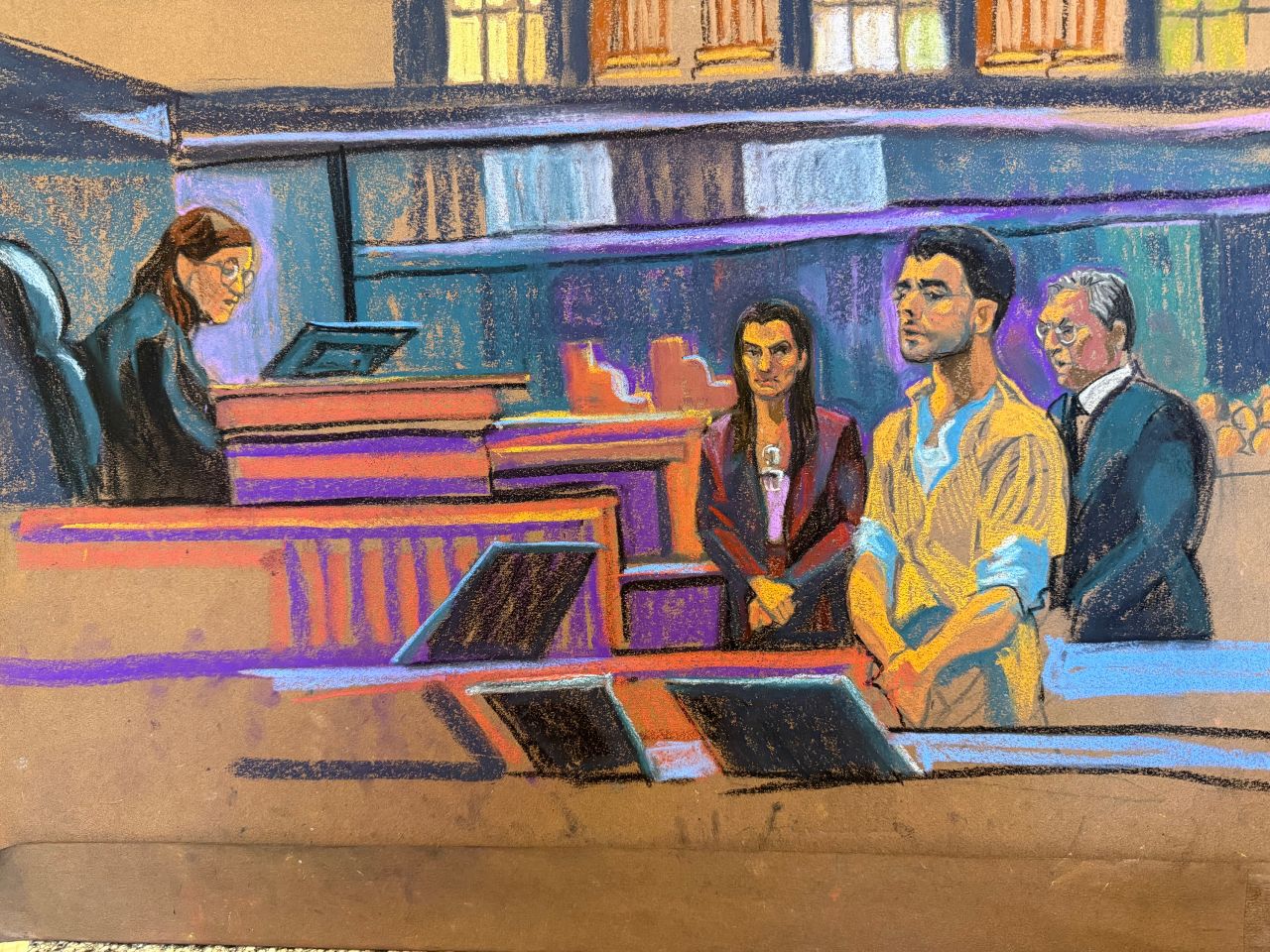 Luigi Mangione appears in court during a federal hearing in New York City on August 14, 2026.