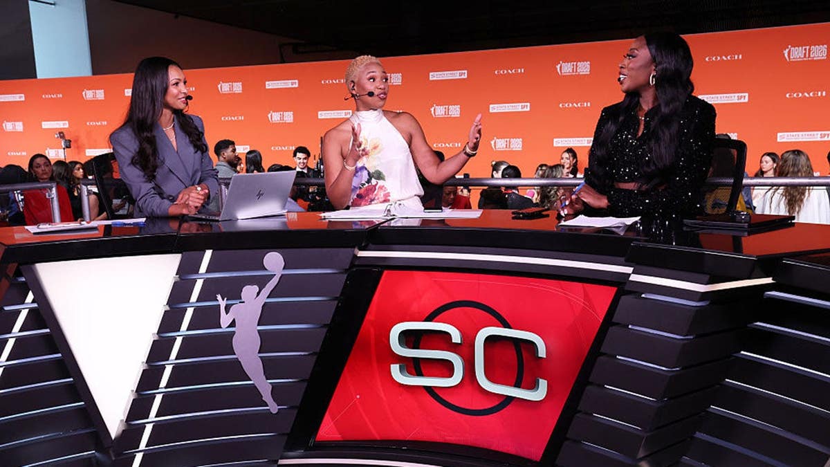 Malika Andrews, Monica McNutt and Chiney Ogwumike commentate during the WNBA draft.
