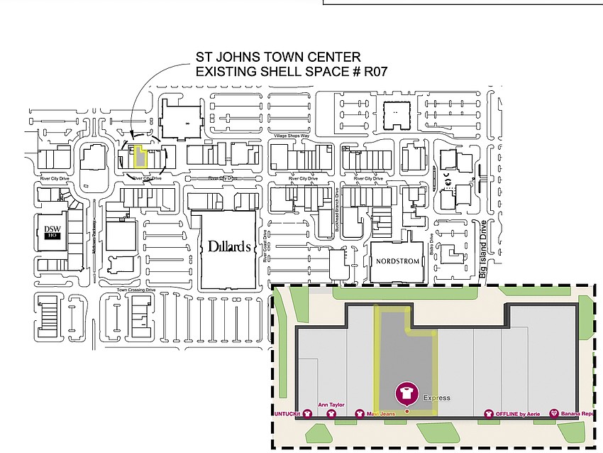 The Simon Property Group plan for Princess Polly shows it will be in a space at 4711 River City Drive that will be divided into Suite 113 for Princess Polly and Suite 115 for another tenant. The larger space now appears to be occupied by Express.