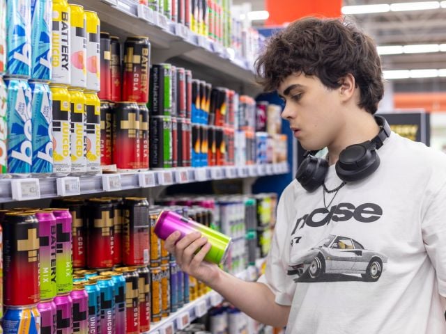 Teenage boy in headphones examining colorful drink can on supermarket shelf