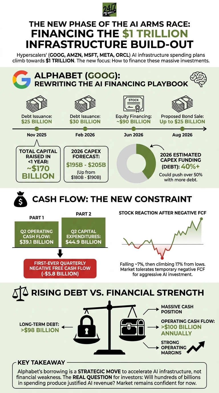 A detailed infographic breaking down Alphabet's strategy to finance its $1 trillion AI infrastructure build-out through debt and equity.