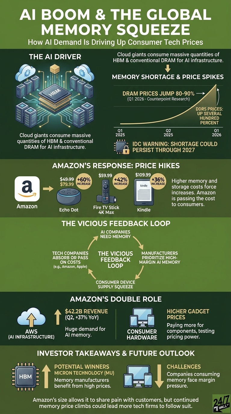 Infographic showing how AI demand for memory components like HBM and DRAM is causing massive price spikes for consumer gadgets, specifically detailing price increases for Amazon products.