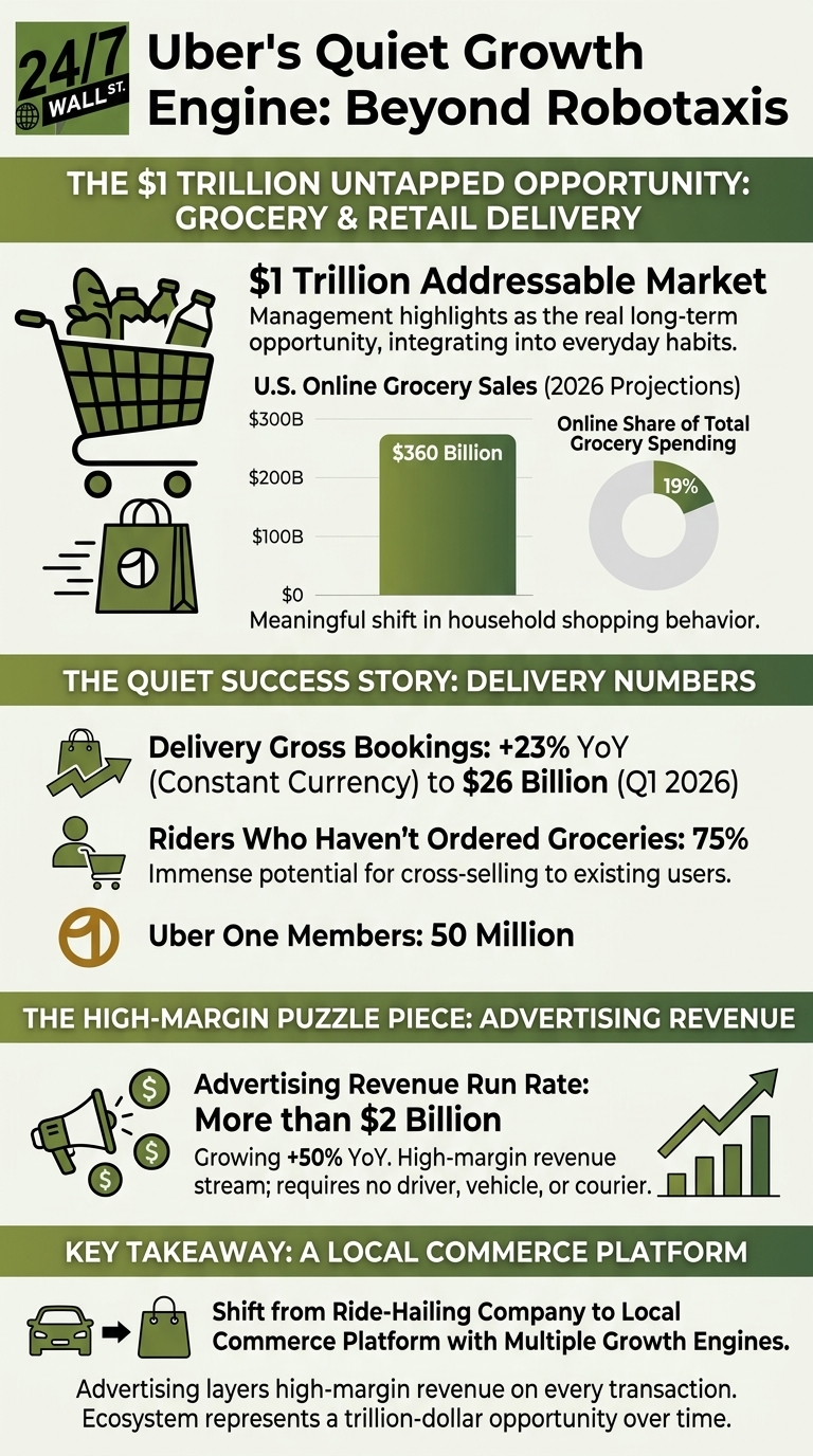 An infographic titled 'Uber's Quiet Growth Engine' featuring charts on grocery market share and advertising revenue growth.
