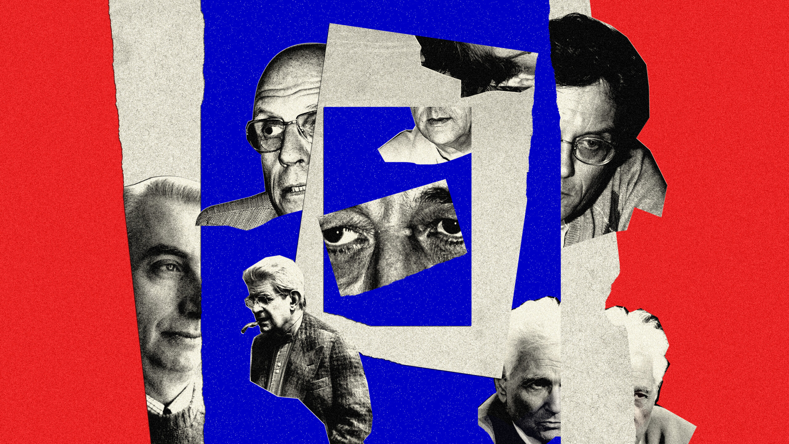 Collage of men's faces over a blue, white and red flag