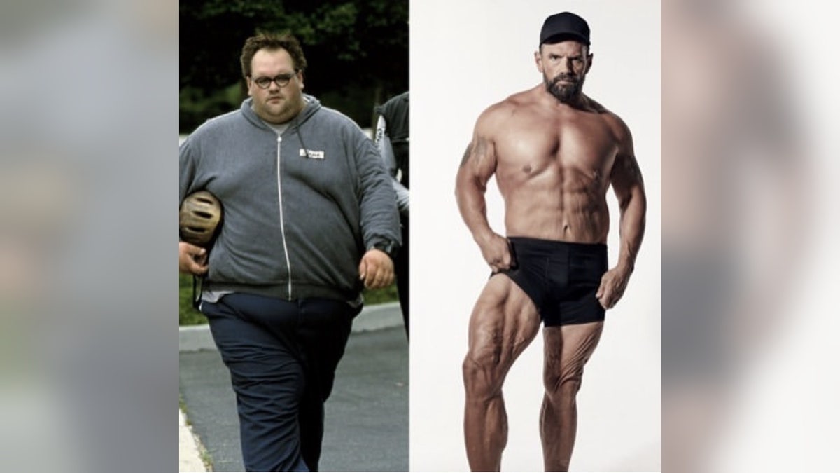 Side-by-side comparison of Ethan Suplee at his heaviest next to a recent muscular physique after his dramatic weight-loss transformation.